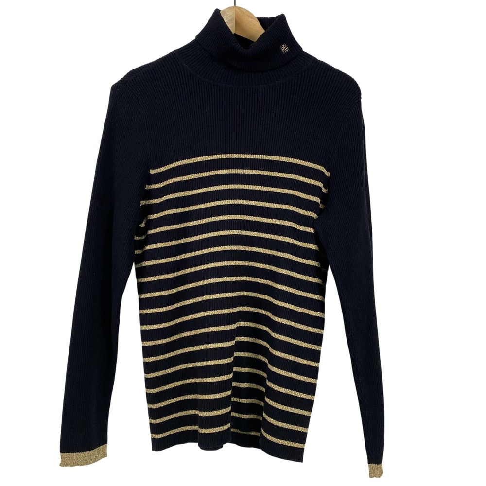 Lauren Ralph Lauren Sweater Womens XL Black Gold Striped Turtleneck Pullover Top